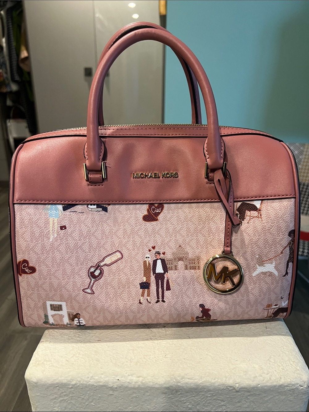 Michael Kors Rose Pink Printed Dome Satchel